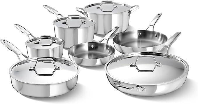 Calphalon Premier Polished 5-Ply Stainless Steel Cookware Set w/Turbo Heat Tech 12 Piece Includes Frying Pans Pots and Pans Set Induction Oven Safe 500F PFOA Free Polished Stainless Silver