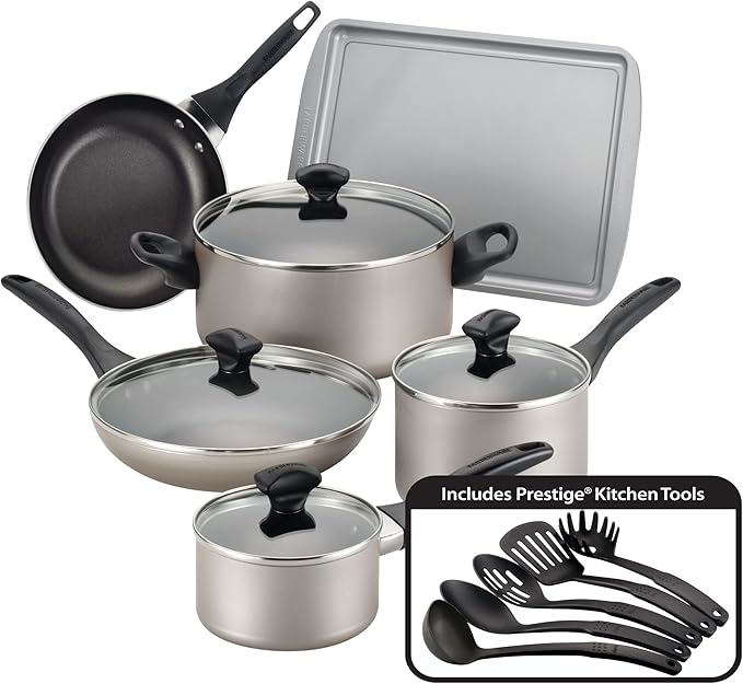 Farberware 21805 Dishwasher Safe Nonstick Cookware Pots and Pans Set 15 Piece Champagne