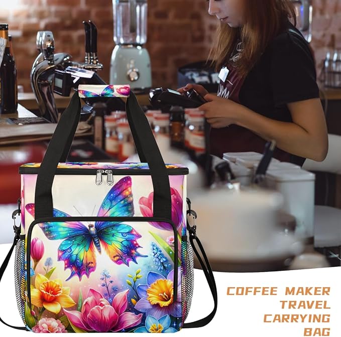 Spring Butterfly Flower Coffee Maker Carrying Bag Coffee Machine Travel Storage Bag Compatible with K-Mini or K-Mini Plus Portable Single Serve Coffees Brewer Case with Pockets for K-Cup Pods