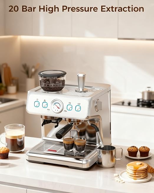 COWSAR 20 Bar Espresso Machine with Grinder &amp Milk Frother Steam Wand 58mm Expresso Coffee machines Commercial Stainless Steel Coffee Maker for Cappuccino and Latte Perfect for Home and Café Us