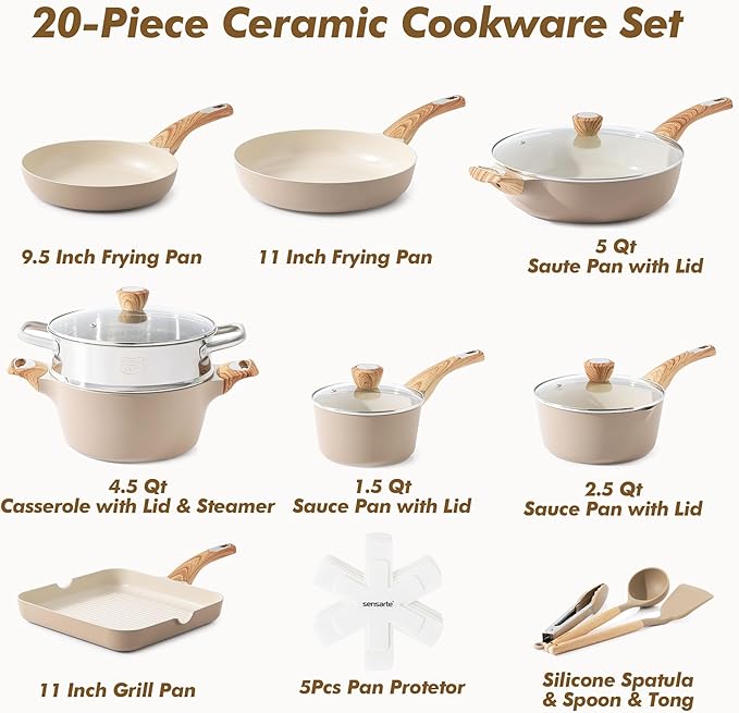 SENSARTE Ceramic Cookware Sets Pots and Pans Set Nonstick 20-Piece Induction Cookware Non-toxic Healthy Non Stick Kitchen Cooking Set with Stay-Cool Handles PFAS PTFE PFOA PFOS Free
