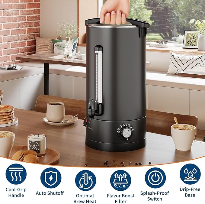 120 Cup 16L Commercial Coffee Maker | Large Capacity Coffee Urn with Double-Wall 304 Stainless Steel | Quick Brew Dispenser for Offices Meetings &amp Large Gatherings Black
