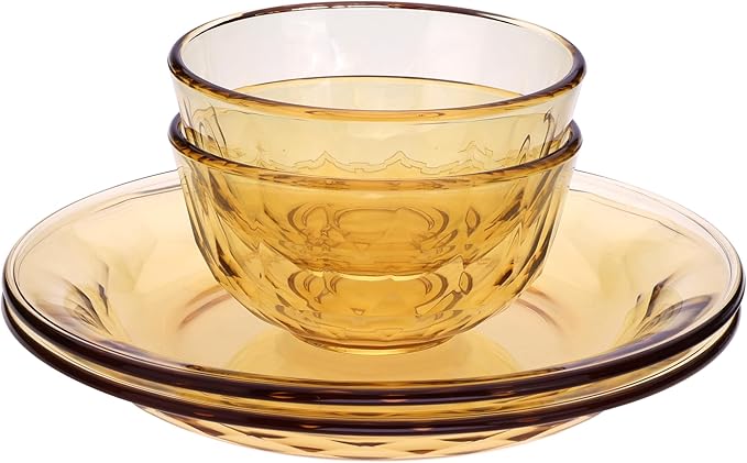 Sunflower Glass Dinnerware Set 2 Diamond Bowls 5.1 x 2.8 and 2 Plates 9 Set of 4 Amber GlassHigh Temperature Resistant Glass Dish Dishwasher Safe
