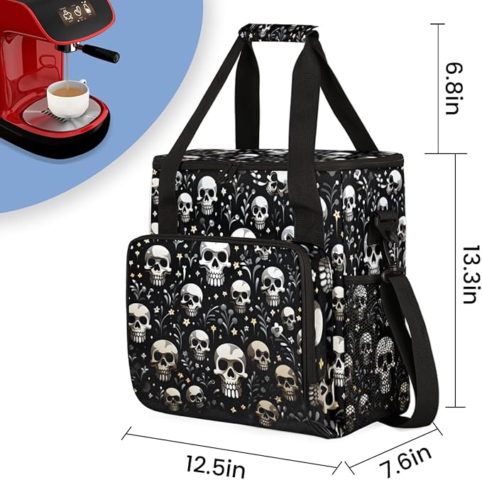 Floral Skull Coffee Maker Carrying Bag Portable Travel Storage Tote Bag Compatible with K-Mini or K-Mini Plus Single Serve Coffee Brewer Carrying Case with Multiple Pockets &amp Shoulder Strap