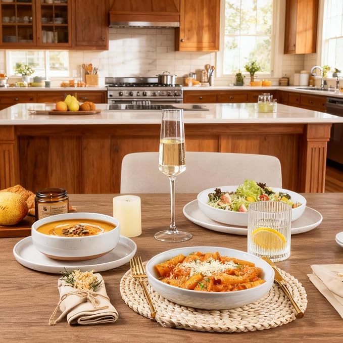 AmorArc Ceramic Dinnerware Sets for 4 12 Pieces Handpainted Plates and Bowls Set with Rustic Terracotta Underside Scratch Resistant Stoneware Dishes Set Dishwasher &amp Microwave Safe White