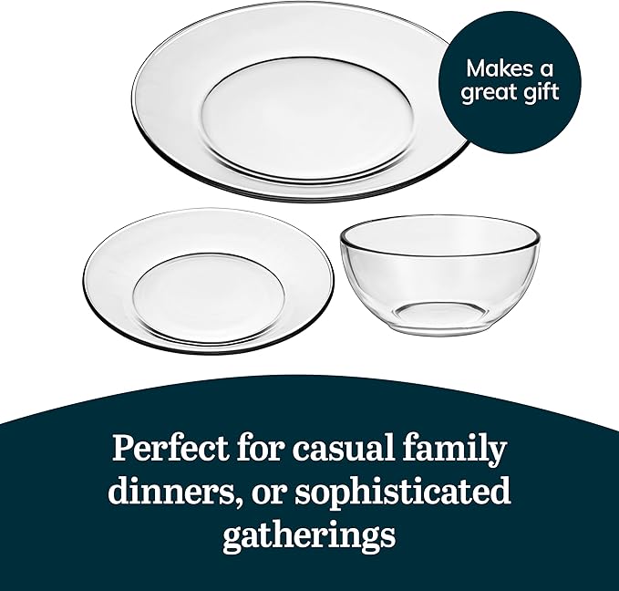 Libbey Round 12 Piece Glass Dinnerware Set Stackable Glass Plate and Bowl Set w/Round Shape Modern Plates and Bowls Sets for Gatherings and Everyday Use