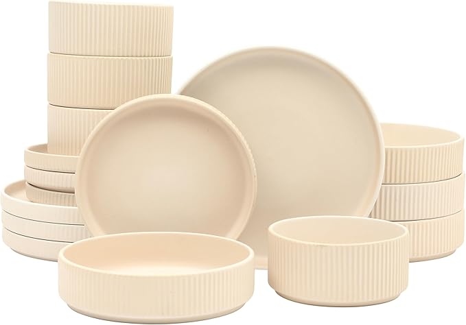 Gibson Elite Deerfield 16-Piece Stoneware Dinnerware Set – Cream White Reactive Glaze Plates and Bowls Stackable Design Service for 4 – Dishwasher &amp Microwave Safe