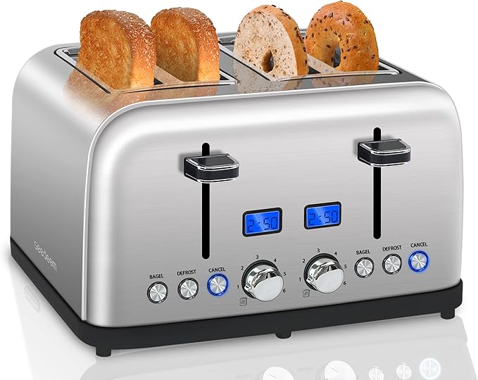 SEEDEEM Toaster 4 Slice LCD Display 6 Shade Settings 1.5'' Wide Slots Digital Stainless Toaster for Bagel Defrost Reheat Dual Control Removable Crumb Tray 1500W Silver Metallic