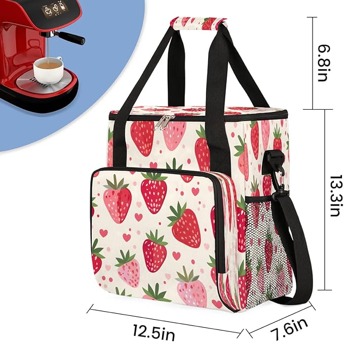 Love Heart Strawberry Coffee Maker Carrying Bag Compatible with K-Mini or K-Mini Plus Portable Single Cup Coffee Maker Case with Pockets for K Cup Pods