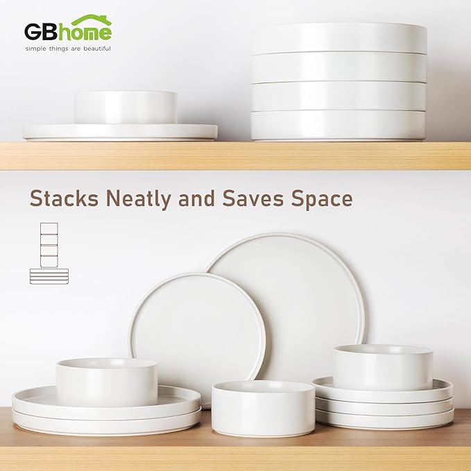 GBHOME Ceramic Dinnerware Sets for 4Stoneware Plates and Bowls SetsChip and Crack Resistant | Dishwasher &amp Microwave Safe Dishes SetScratch Resistant- Service for 4 (12pc)- Snow White