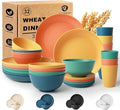 Wheat Straw Dinnerware Sets for 8 Unbreakable Plates and Bowls Sets for 8 32-Piece Dishes Set Microwave Safe Plastic Plates Reusable Cups and Bowls Sets for Kitchen Outdoor - Multi
