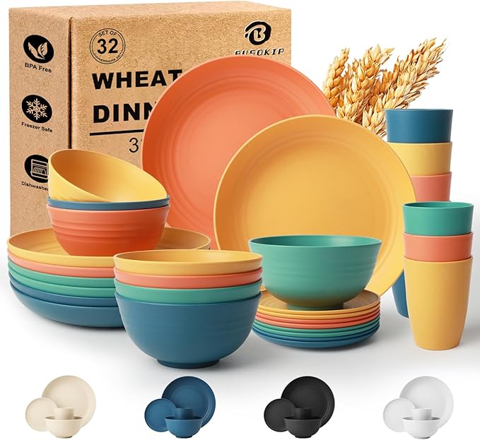 Wheat Straw Dinnerware Sets for 8 Unbreakable Plates and Bowls Sets for 8 32-Piece Dishes Set Microwave Safe Plastic Plates Reusable Cups and Bowls Sets for Kitchen Outdoor - Multi