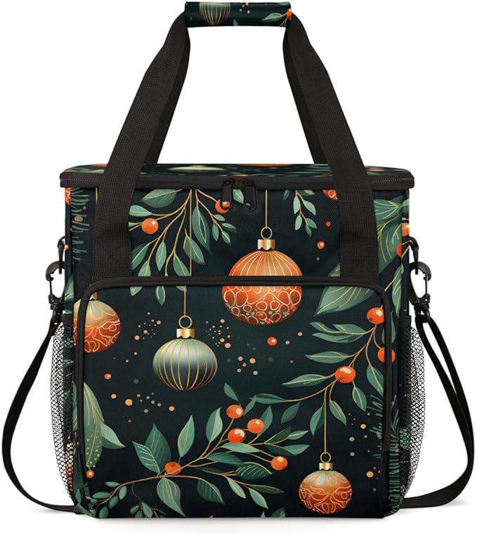 Xmas Leaves Coffee Maker Carrying Bag Christmas Ball Travel Storage Bag Compatible with K-Mini or K-Mini Plus Single Serve Coffee Brewer Carrying Case with Multiple Pockets &amp Shoulder Strap