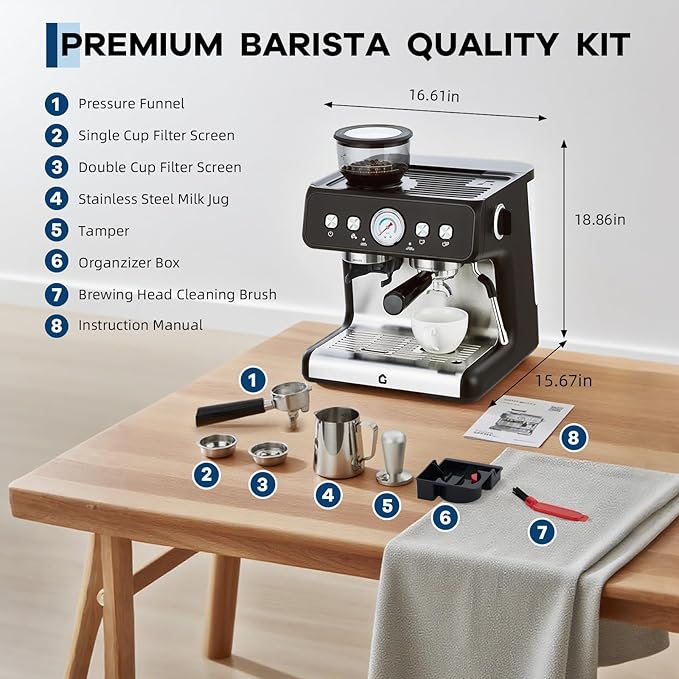 Stainless Steel Espresso Machine with Built-In Grinder 20 Bar Pressure Coffee Maker with Milk Frother Steam Wand 2.8L Removable Water Tank &amp Adjustable Shot Volume for Home or Office Use