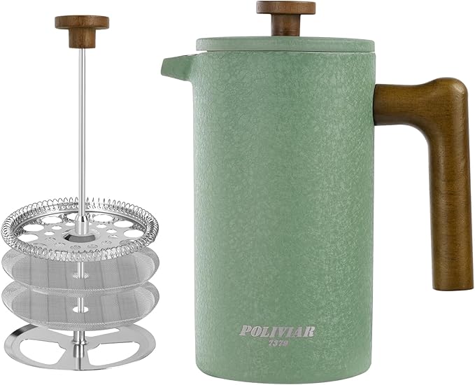 POLIVIAR French Press Coffee Maker 34 oz Coffee Press with Real Wood Handle Double Wall Insulation &amp Dual-Filter Screen Food Grade Stainless Steel for Good Coffee and Tea JX2023-FPLN