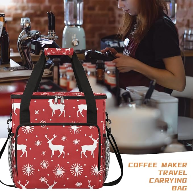Christmas (751) Coffee Maker Carring Bag Travel Carrying Storage Tote Bag Compatible with Keurig K-Mini or K-Mini Plus Portable Single Serve Coffee Brewer Case with Pockets for K-cup Pods