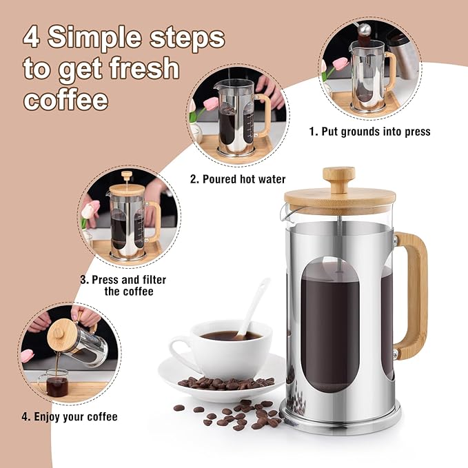 Sivaphe No-Plastic French Press Coffee Maker 34 oz Borosilicate Glass Bamboo Lid and Handle Coffee Tea Press 8 cup 1000ml Coffee Milk Forther with Stainless Steel Holder and Resuable Filters