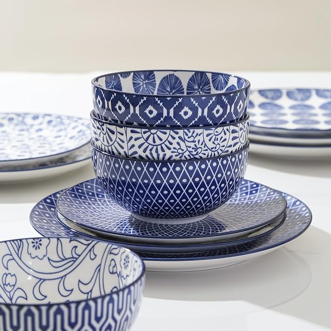 Selamica 30-Pieces Ceramic Dinnerware Sets for 6 Scratch Resistant Plates and Bowls Sets Microwave and Dishwasher Safe Vintage Blue A