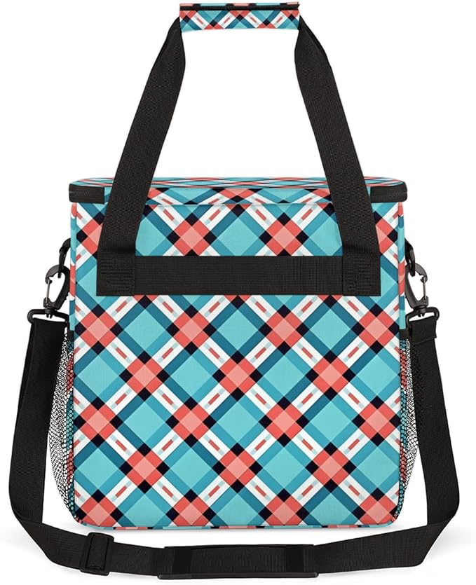 Blue Texture Plaid Coffee Maker Carrying Bag Portable Travel Storage Tote Bag Compatible with K-Mini or K-Mini Plus Single Serve Coffee Brewer Carrying Case with Multiple Pockets &amp Shoulder Stra