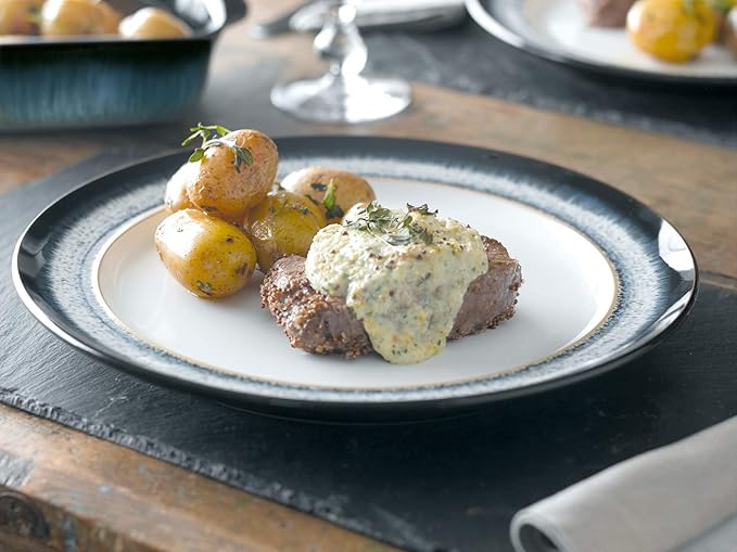 Denby - Halo Dinner Set for 4-16 Piece Tableware - Dishwasher Microwave Safe Stoneware Crockery - Reactive Glaze Black Grey Colour - Set of 4 Dinner Plates Small Plates Cereal Bowls Coffee Mugs