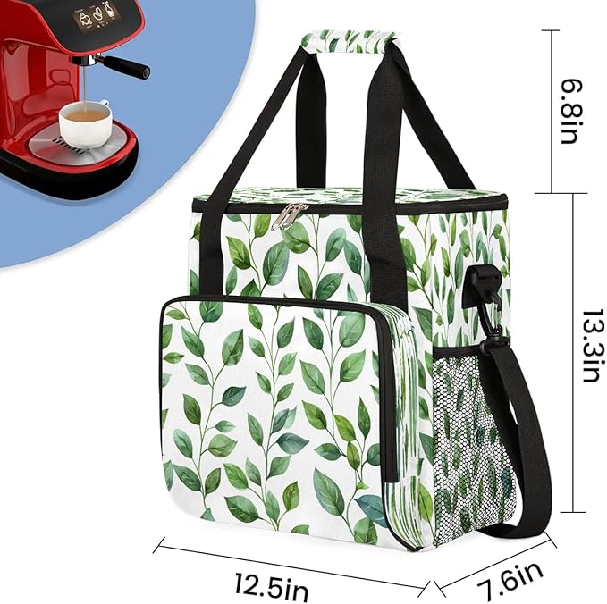 Green Leaf Theme Coffee Maker Carrying Bag Compatible with K-Mini or K-Mini Plus Portable Single Cup Coffee Maker Case with Pockets for K Cup Pods