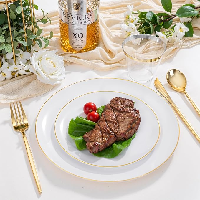 bUCLA 150PCS White and Gold Plastic Plates Disposable - 25 Guests Gold Dinnerware Set - Include 25 Each (Dinner &amp Dessert) Plates 25 Knives 25 Forks 25 Spoons &amp 25 Cups for Party
