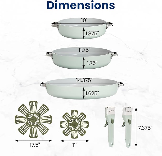 GoodCook Ceramic Cookware Set 7-Piece with Removable Handles Induction Compatible Fry Pans Nonstick and Oven Safe Sage Green