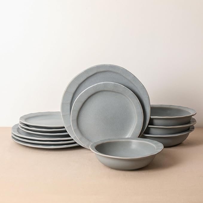 Stone Lain Oasis Stoneware 24 Piece Dinnerware Set Home Kitchen Dish Set with Dinner Plates Salad Plates &amp Bowls - Service for 8 Grey Blue
