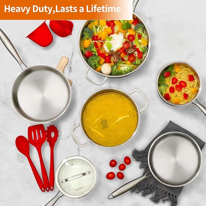 DELARLO Whole body Tri-Ply Stainless Steel Kitchen Cookware Set of 14 With Lid Heats quickly Cookware Suitable for All Stove Kitchen Pots and Pans sets
