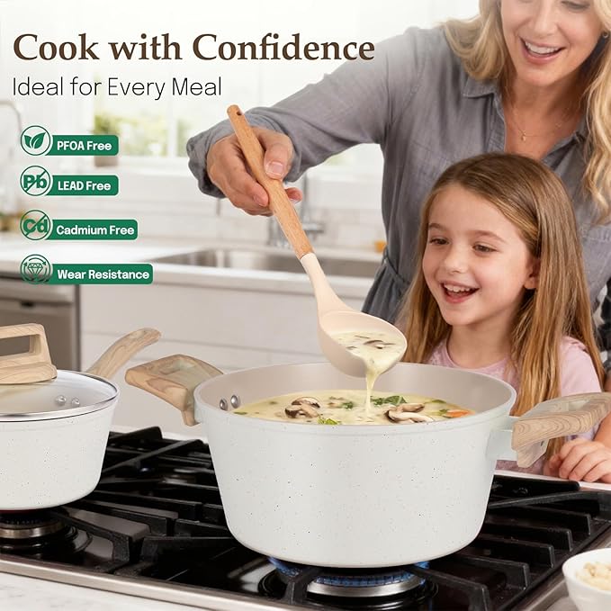 Pots and Pans Set Non Stick Non-Toxic Ceramic Cookware Set 11pcs Induction Cookware Kitchen Cooking Set with Frying Pans Saucepan Stock Pot PFOA Free &amp PFOS Free Cream Color