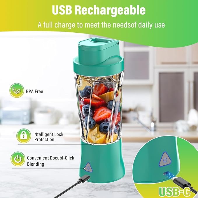 Portable Blender 360W Personal Blender for Shakes and Smoothies for Kitchen 24 Oz BPA Free Traveling Juicer Cup and Lid with 6 Blades Self Cleaning Portable Juicer for Kitchen/Travel/Gym Green
