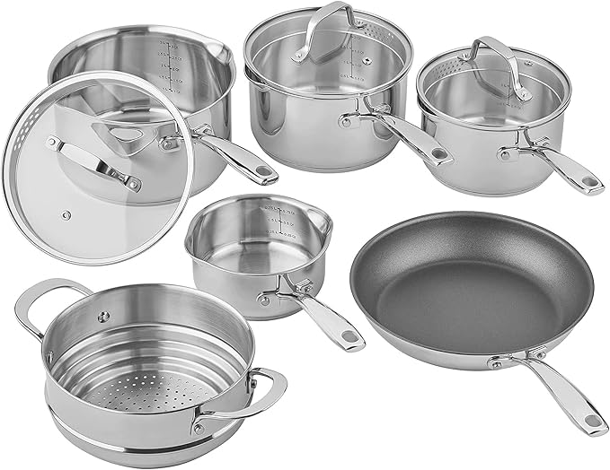 Tala 6 Piece Stainless Steel Cookware Set - Non-Stick Frying Pan 4 Multifunctional Cooking Pots with Tempered Glass Lids &amp Steamer - Dishwasher Safe Scratch Resistant - Suitable for All Stoves