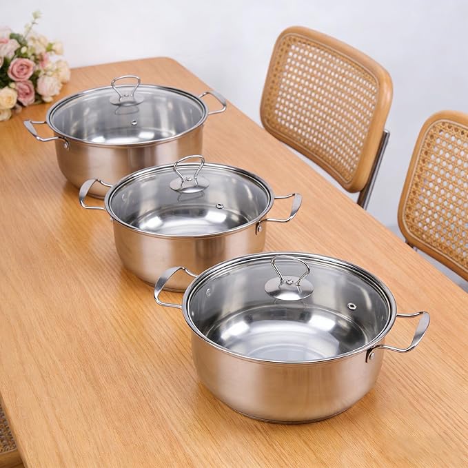 Haofy SUS Stainless Steel Cookware Set Kitchen Cooking Pots Set with Glass Lids for Easy Food Monitoring Milk Pot 18 to 26cm for Various Cooking Needs