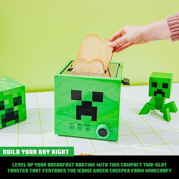 Minecraft Green Creeper 2-Slice Toaster For Bagels Waffles and Breads | Features 6 Settings With Defrost Option | Imprints Creeper Symbol On Bread
