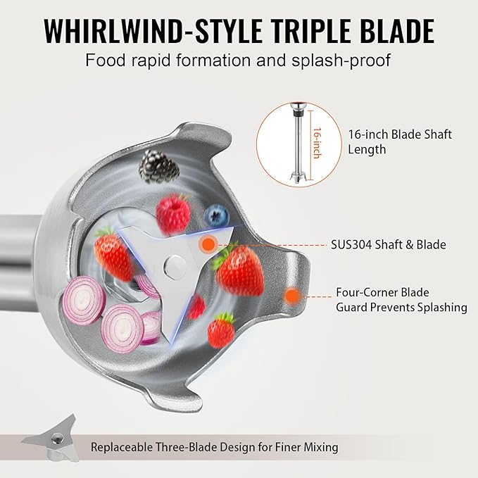 VEVOR Commercial Immersion Blender 350W Heavy Duty Hand Mixer 16 inch Stepless Variable Speed Mixer with Stainless Steel Blade Multi-Purpose Portable Mixer for Soup Sauces Mashed Potatoes Cream