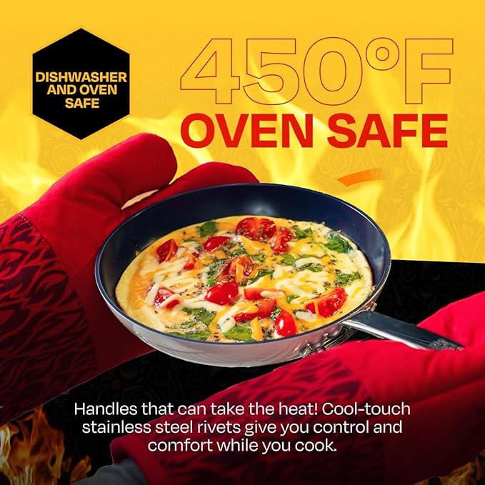 Guy Fieri's Flavortown 2-Piece Ceramic Cookware Set Nonstick Frying Pan Set 10 and 12 Easy-Clean Kitchen Cookware Made without PFAS PTFE PFOA Induction Compatible Dishwasher Safe Blue &amp Wh