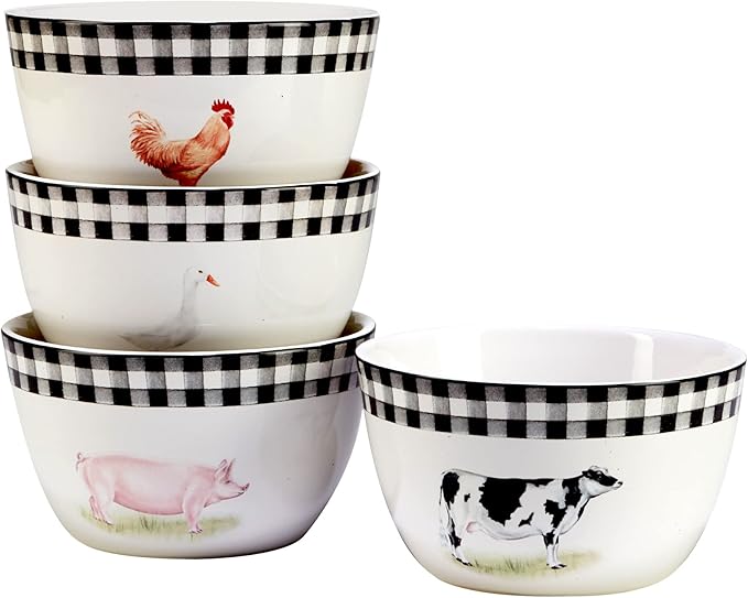 On the Farm 16-Piece Dinnerware Set – Country Farmhouse Plates Bowls &amp Mugs for 4 – Ceramic Dinnerware Featuring Cow Pig Rooster Duck &amp Gingham Design – Rustic Kitchen Tableware