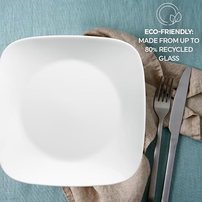 Corelle Vitrelle 18-Piece Service for 6 Square Dinnerware Set Triple Layer Glass and Chip Resistant Lightweight Square Plates and Bowls Set Pure White