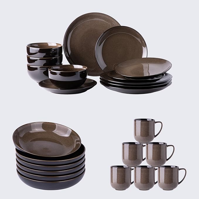 Ceramic Dinnerware Sets of 6Stoneware Plates and Bowls SetsHandmade Reactive Glaze Dishes SetChip Resistant and Scratch Resistant | Oven&ampDishwasher &amp Microwave Safe-Chestnut(32 PCS)