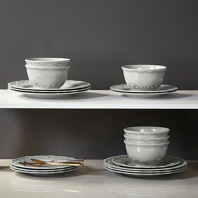 TP 18-Piece Dinnerware Set Melamine Dishes Set with Bowls and Plates Service for 6 Non-breakable Lightweight Dining Tableware Grey