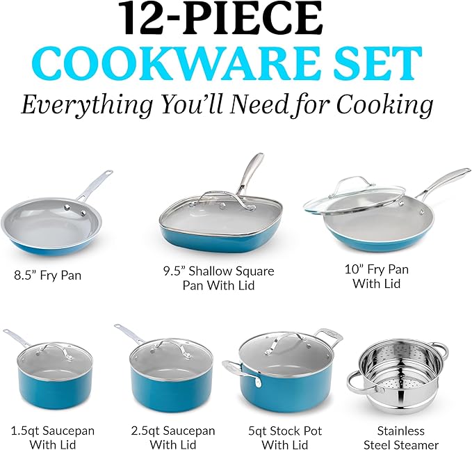 Gotham Steel Aqua Blue Pots and Pans Set 12 Piece Nonstick Ceramic Cookware Includes Frying Pans Stockpots &amp Saucepans Stay Cool Handles Oven &amp Dishwasher Safe 100% PFOA Free Turquoise