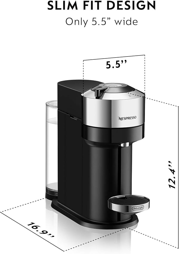Nespresso Vertuo Next Deluxe Coffee and Espresso Machine NEW by De'Longhi Pure Chrome Single Serve Coffee &amp Espresso Maker One Touch to Brew (Renewed)