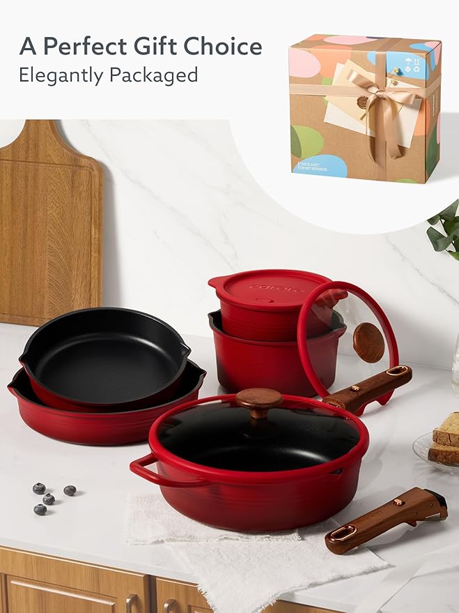 CAROTE 20Pcs Titanium Cookware Set Pots and Pans Set Non Stick Kitchen Cooking Set with Detachable Handle Non Toxic Induction Cookware - Camping Cookware Dishwasher/Oven Safe Red