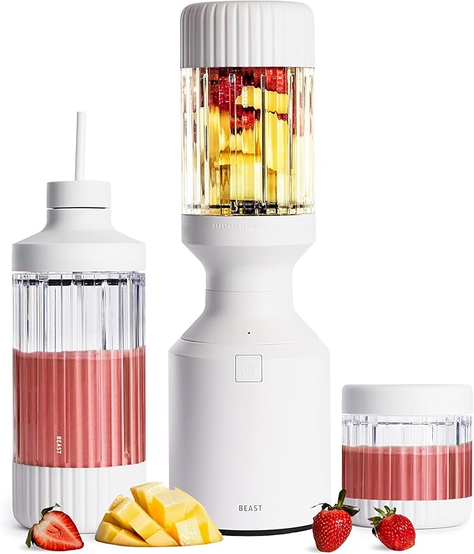 Beast Mega 1200 Plus | Premium Countertop Blender | Smoothies Shakes Sauces Dips Soups | Blends Ice and Frozen Fruit | XL Vessel | With Extra Vessels Straw System | 1200W | (Cloud White 120V)