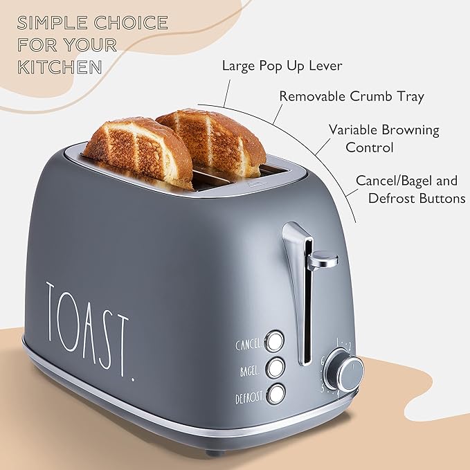 Rae Dunn Retro Rounded Bread Toaster 2 Slice Stainless Steel Toaster with Removable Crumb Tray Wide Slot with 6 Browning Levels Bagel Defrost and Cancel Options Grey