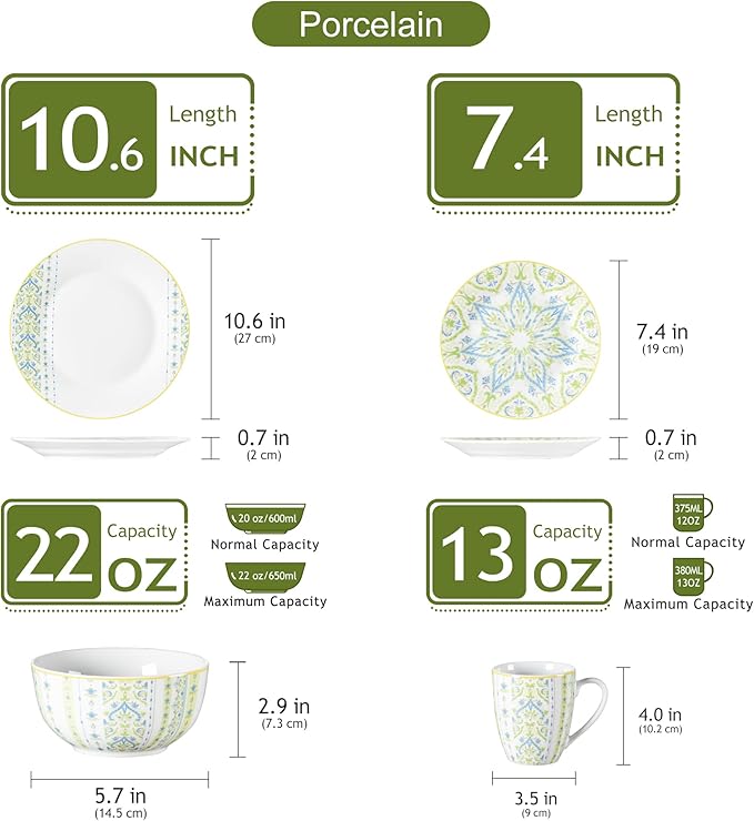 VEWEET Series Magda 16-Piece Dinner Set of Porcelain Combination Set with 10.75 Dinner Plate 7.5 Dessert Plate 5.5 Cereal Bowl and 380ml Mug Service for 4