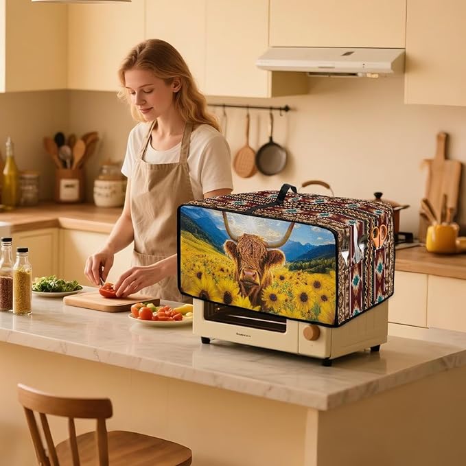 Highland Cattle Sunflower Print Toaster Oven Dust Cover for Kitchen Counter Aztec Print Heavy Duty Heat-resistant Air Fryer Oven Protective Cover (Large-18.5×22.5×12.99 inches)
