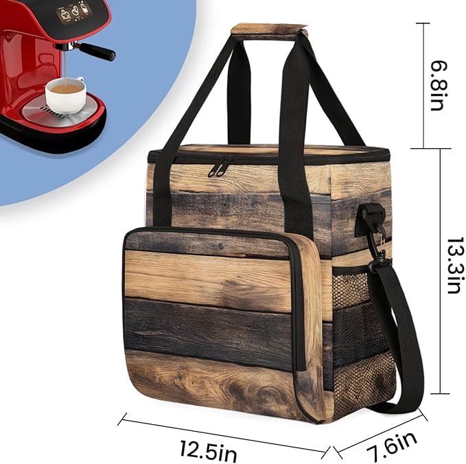 Wood Pattern Coffee Maker Travel Bag for Keurig K-Mini/K-Mini Plus Insulated Waterproof Tote with Pockets for K-Cup Portable Single-Serve Brewer Case