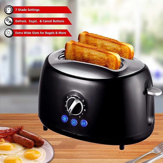 Cool Touch 2-Slice Extra Wide Slot Toaster with 7 Shade Settings Defrost and Bagel Functions – Black and Blue Retro Kitchen Toaster (Black)
