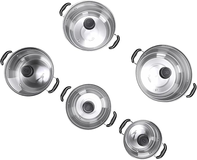 MAVIS LAVEN Stainless Steel Cookware Set 5 Pots with Glass Lids for Cooking Sturdy Structure Easy and Dishwasher Safe Induction Compatible for Diverse Cooking Needs